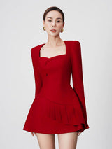victoria red square neck long sleeve a-line mini dress