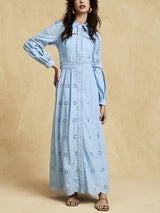 retro single-breasted hollow lace midi dress in blue