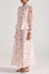 rebecca pink Floral embroidered long-sleeve top skirt set