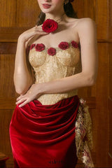 claire Wild Rose Corset maxi Dress - gold / red