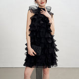 poppy Ruffle Silk Organza sleeveless Mini Dress in black