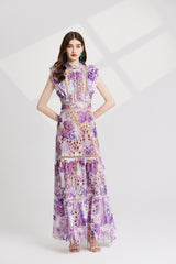 chloe hollow out flower embroidery maxi dress in purple