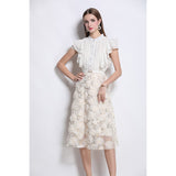 doris flower embellished ruffle sleeve midi dress in apricot