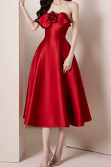 mignon 3d flower satin strapless midi dress in red