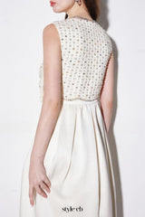 alva v-neck rhinestone embroidery satin maxi Dress in white