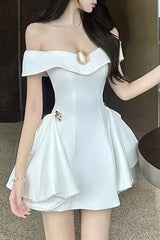 metal detail a-line off-shoulder mini dress in white