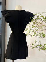 Three-dimensional ruffle rhinestone hollow mini dress in black