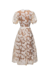 alisa mesh embroidered puff sleeves midi dress in beige