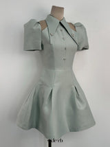 puff sleeve cut out a-line mini dress in green