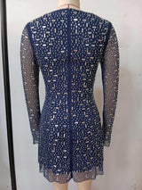 amanda navy Long Sleeve Rhinestone Mesh Mini Dress