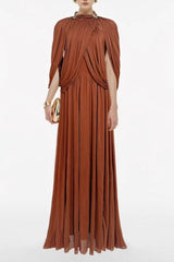leona brown Draped Cape Sleeve Knit Maxi Dress