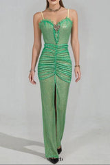 bertha high slit pleated sequin maxi dress in green