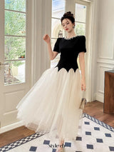 leona black-white Two-Tone rhinestone neck tulle maxi Dress