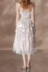 anna crystal floral embroidery midi dress in white