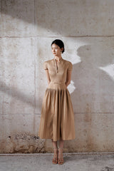 emily v-neck Pleated midi dress in khaki