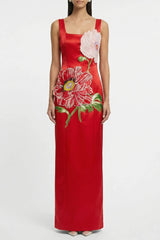 nicola square neck flower embroidery satin maxi dress in red