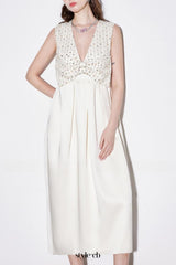 alva v-neck rhinestone embroidery satin maxi Dress in white