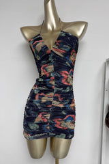 multicolor floral print pleated Bodycon Mini Dress
