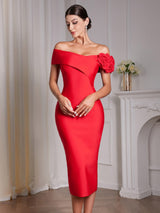 jessica Red 3D Flower Bandage Midi Dress