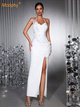 anila 3d floral halter high slit maxi dress in white