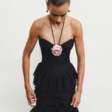 Lace Tiered flower Strapless Maxi Dress in black