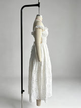 Ruffled square neck embroidered backless slit maxi dress - white