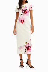 orchid print back slit stretch slim fit midi dress