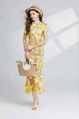 CAROL YELLOW FLORAL EMBROIDERY MESH LONG SLEEVE MIDI DRESS