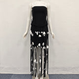 hilary black flower tassel strapless mini dress