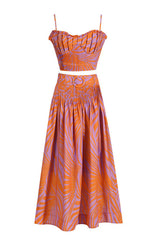 Pleated floral-print linen bustier top skirt set in blue