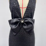 rebecca bow sequin embellished v neck maxi dress in black