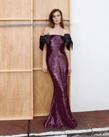 jessie Bow Detail Bardot Sequin Maxi Dress In burgundy