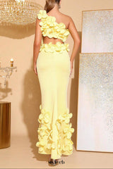 alma 3d flower one-shoulder bodycon maxi dress in yellow
