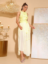aurora 3D flower Splicing bandage mesh maxi dress in yellow