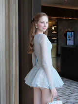 eileen Long-sleeve v-neck lace A-line mini dress in blue