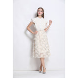 doris flower embellished ruffle sleeve midi dress in apricot