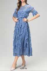 lorraine lace ruffle trim midi dress in blue