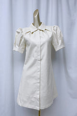 White lapel collar leather puff sleeves mini dress