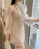 jennifer floral bead embroidery tulle mini dress in apricot