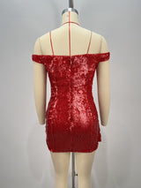 juliet sequin ruched beaded Strapless bodycon mini dress in red