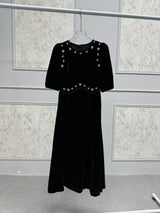 vicky black rhinestone embellished velvet puff sleeve maxi dress