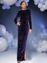 wallis Long Sleeve Split Hem Sequin maxi Dress in purple