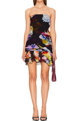 kelly Printed ruffle strapless mini dress - black