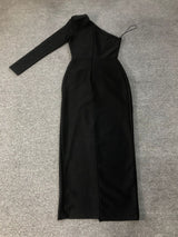 elsa one shoulder rhinestone appliqué bandage midi dress in black