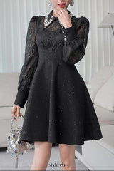 lynn black rhinestone collar neck lace hollow sleeve mini dress
