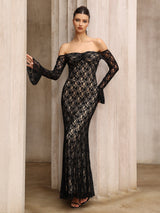anna One-shoulder lace long sleeves maxi dress in black