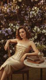 lauren pleated strapless back slit mini dress in gold