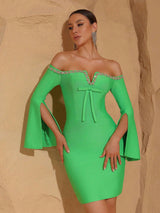 cara Off-shoulder long-sleeve diamond bodycon mini dress in green