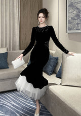 zona black Beaded irregular hem velvet fishtail maxi dress