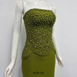 teresa green rhinestone embellished strapless top skirt set